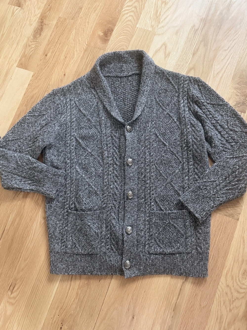 Tory Burch Shawl Collar Chunky Cable Knit Button Front Cardigan Gray Large